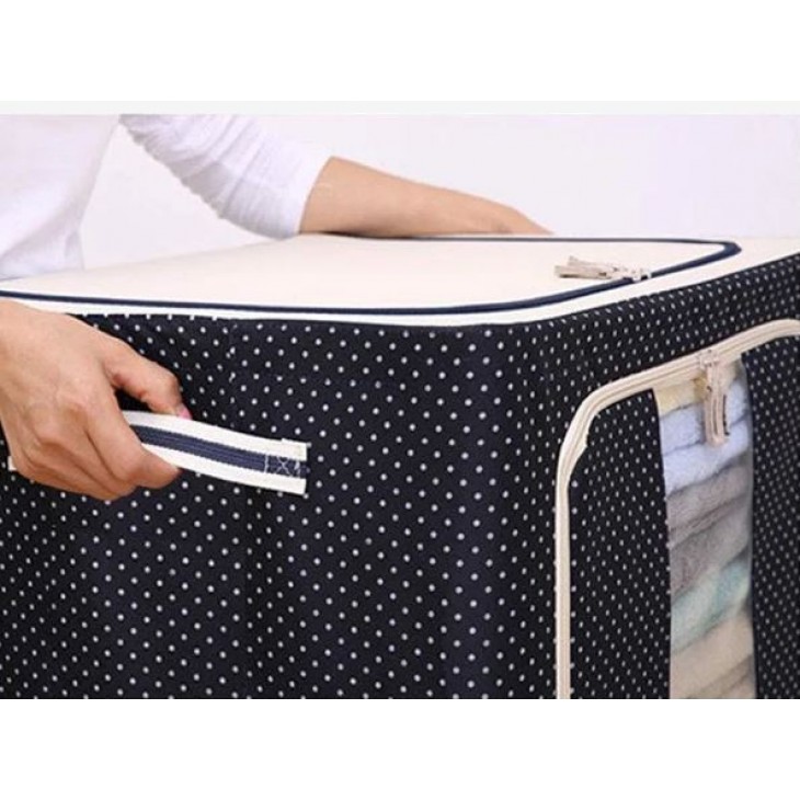 Cutie depozitare pliabila cu fermoar 100L, Bleumarin cu buline, o fereastra