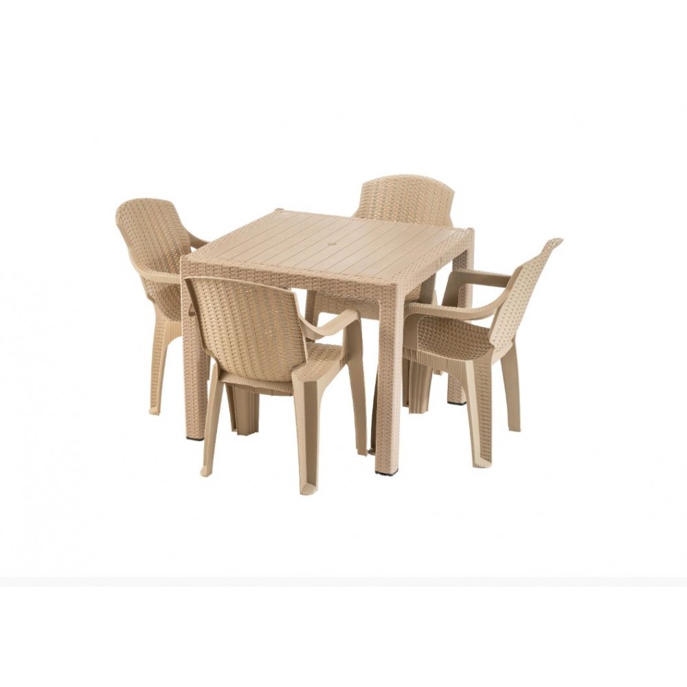 Masa tip ratan din plastic pentru gradina 90x90cm Crem, cu 4 scaune CRL