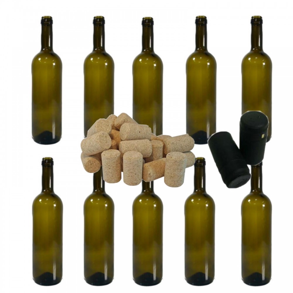 Sticla de vin 750ml Bordeaux 10buc/Set cu Dop de pluta 10 buc si Capison Negru