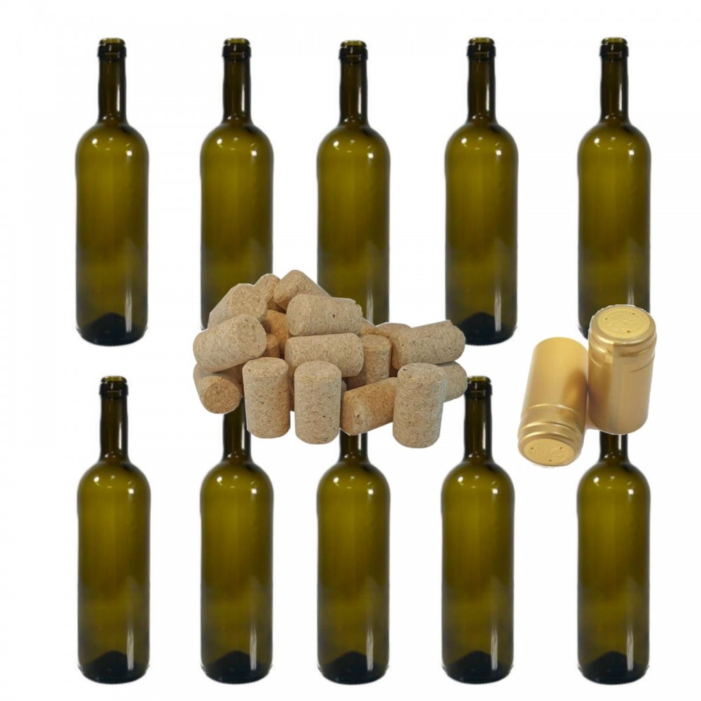 Sticla de vin 750ml Bordeaux 10buc/Set cu Dop de pluta 10 buc si Capison Auriu