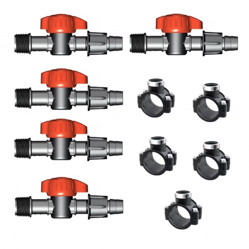 Robinet 16mm 3/4, Teco Italia + Clema Bransament 32 - 3/4 pentru banda de picurare Set 5x buc