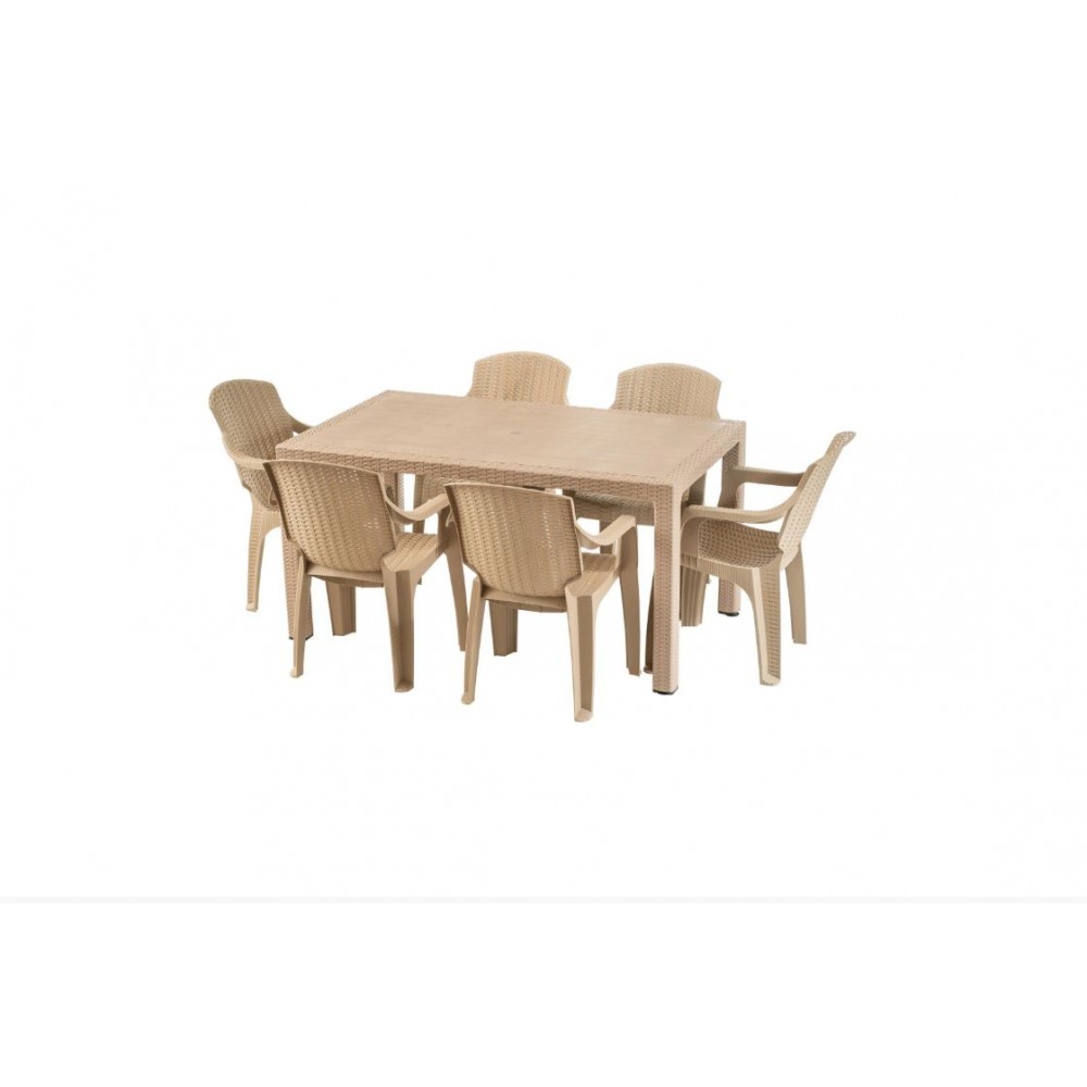 Masa tip ratan din plastic pentru gradina 150x90cm Crem, cu 6 scaune CRL