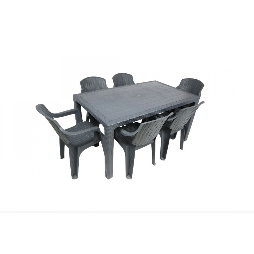 Masa tip ratan din plastic pentru gradina 150x90cm Gri, cu 6 scaune CRL