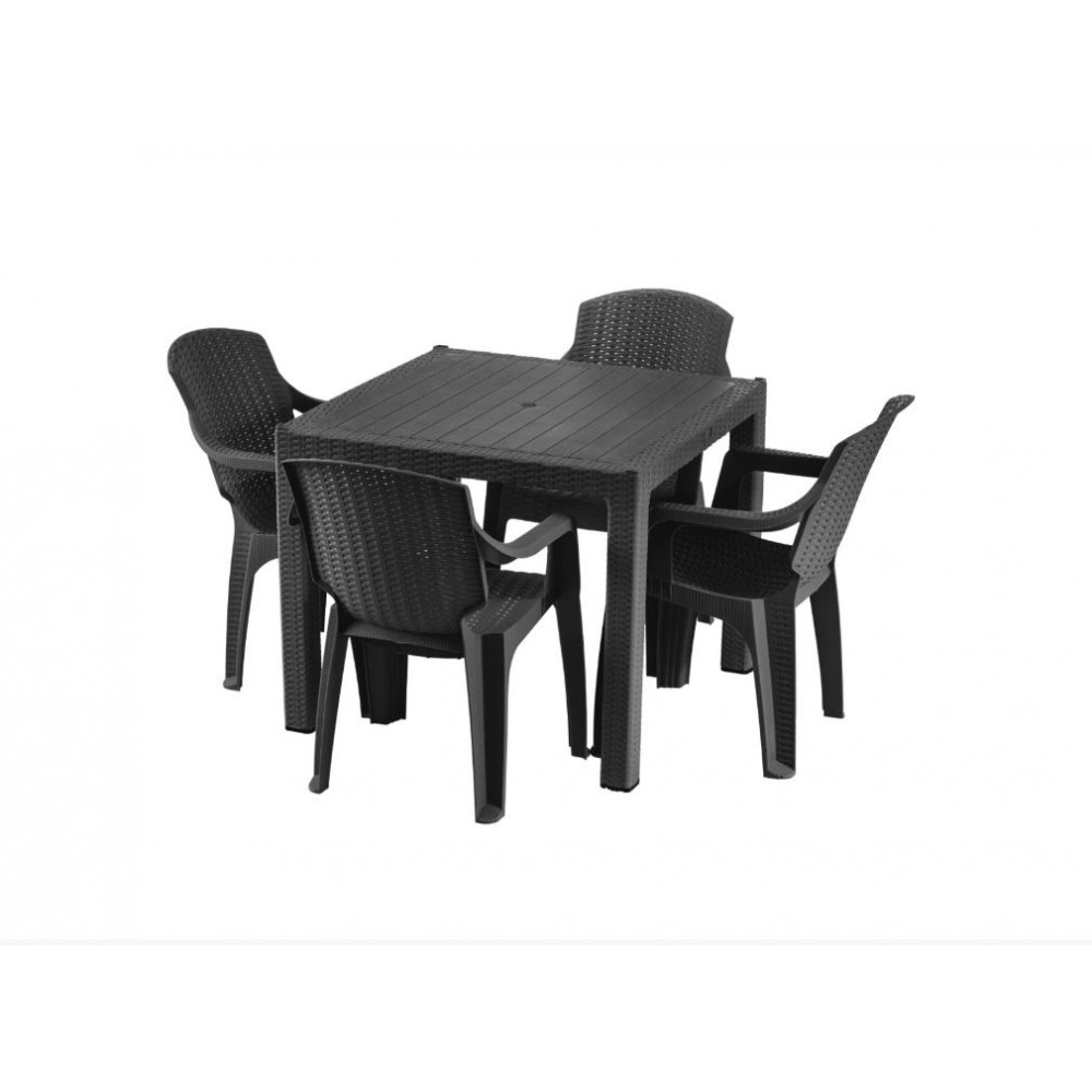Masa tip ratan din plastic pentru gradina 90x90cm Gri, cu 4 scaune CRL