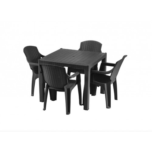 Masa tip ratan din plastic pentru gradina 90x90cm Gri, cu 4 scaune CRL