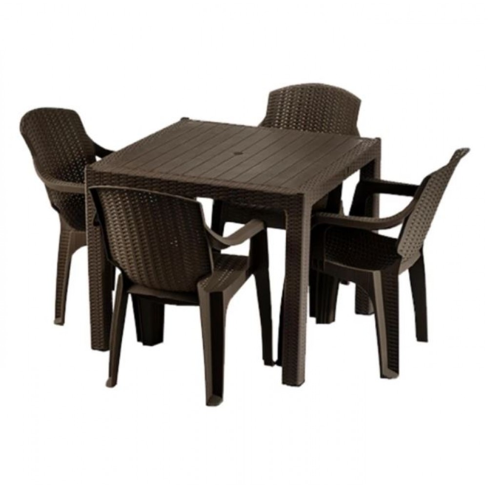 Masa tip ratan din plastic pentru gradina 90x90cm Maro, cu 4 scaune CRL