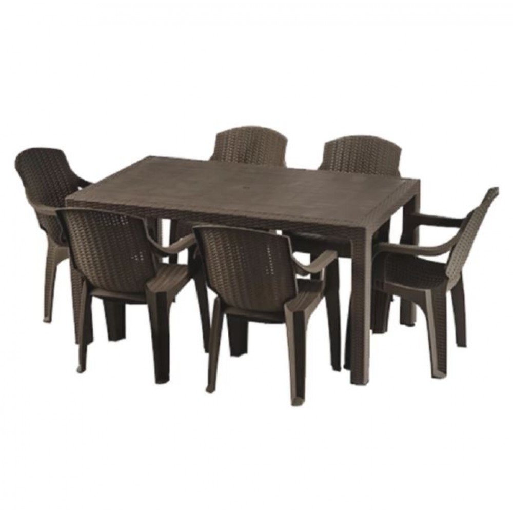 Masa tip ratan din plastic pentru gradina 150x90cm Maro, cu 6 scaune CRL