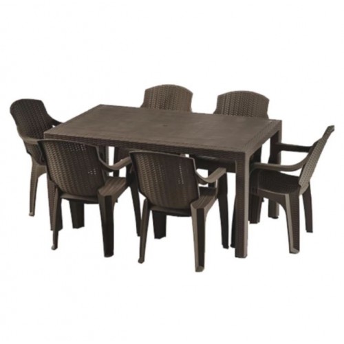 Masa tip ratan din plastic pentru gradina 150x90cm Maro, cu 6 scaune CRL