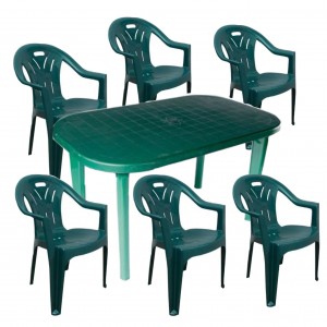 Set masa ovala verde, cu 6 scaune, plastic, pentru gradina
