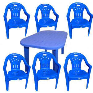 Set masa ovala albastra, cu 6 scaune, plastic, pentru gradina