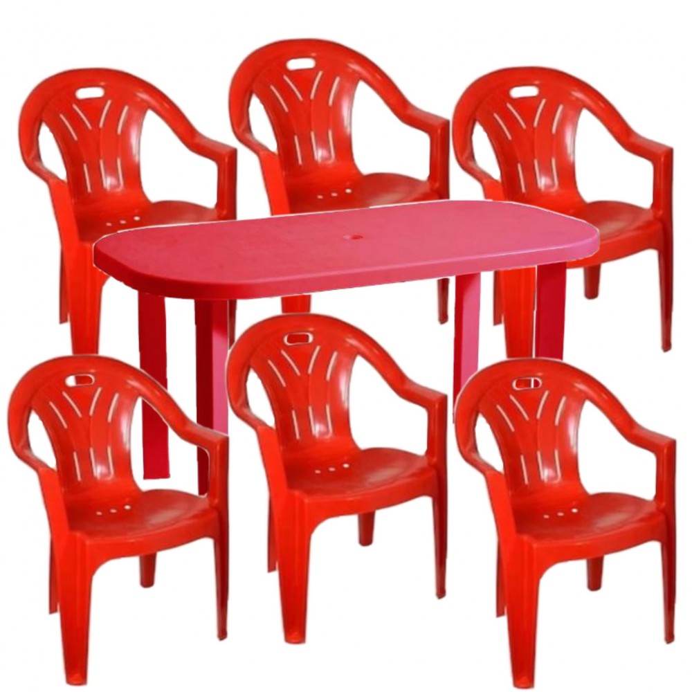 Set masa ovala rosie, cu 6 scaune, plastic, pentru gradina