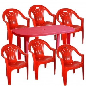 Set masa ovala rosie, cu 6 scaune, plastic, pentru gradina