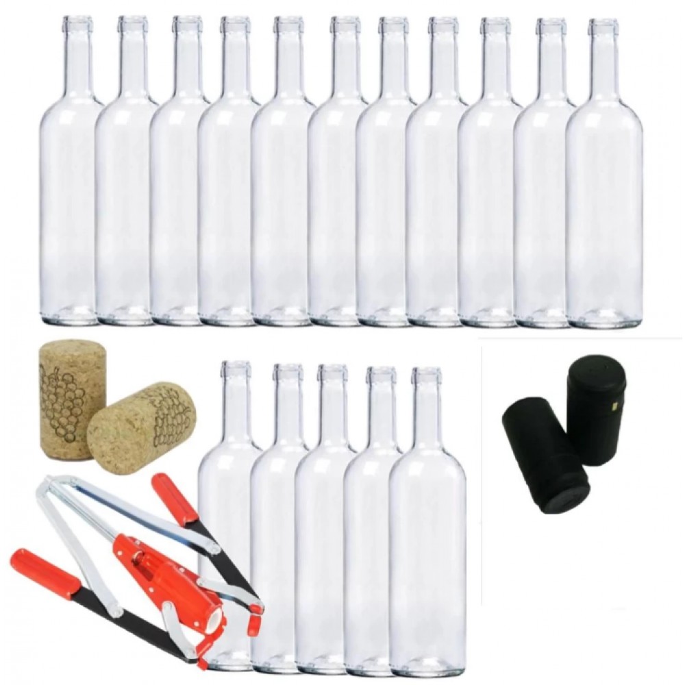 Sticla de vin 750ml 16 buc/Set cu Dop de pluta 16 buc, Capison Negru ai Dopuitor Manual