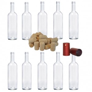 Sticla de vin 750ml 10buc/Set cu Dop de pluta 10 buc si Capison Visiniu