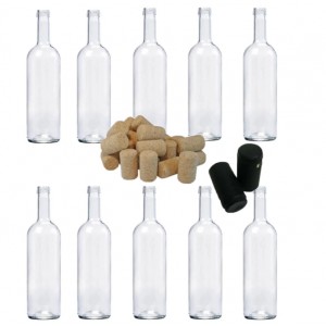 Sticla de vin 750ml 10buc/Set cu Dop de pluta 10 buc si Capison Negru