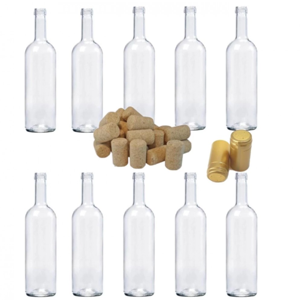 Sticla de vin 750ml 10buc/Set cu Dop de pluta 10 buc si Capison Auriu