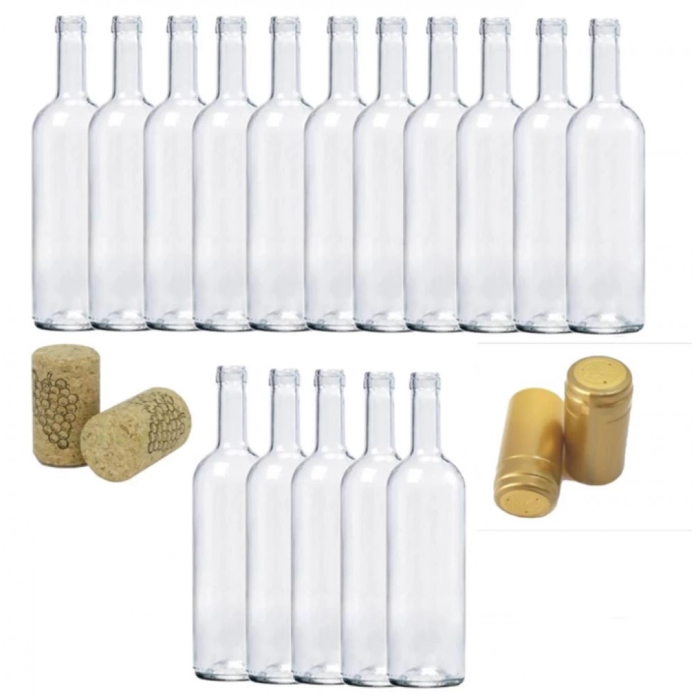 Sticla de vin 750ml 16 buc/Set cu Dop de pluta 16 buc si Capison Auriu