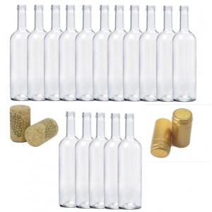 Sticla de vin 750ml 16 buc/Set cu Dop de pluta 16 buc si Capison Auriu