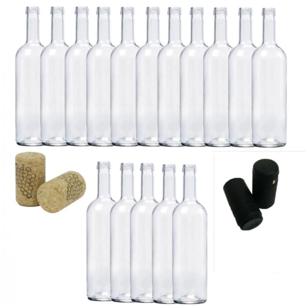 Sticla de vin 750ml 16 buc/Set cu Dop de pluta 16 buc si Capison Negru