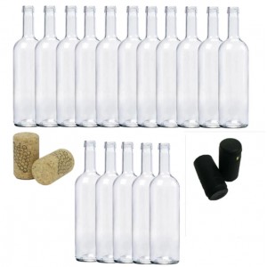 Sticla de vin 750ml 16 buc/Set cu Dop de pluta 16 buc si Capison Negru