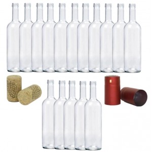 Sticla de vin 750ml 16 buc/Set cu Dop de pluta 16 buc si Capison Visiniu