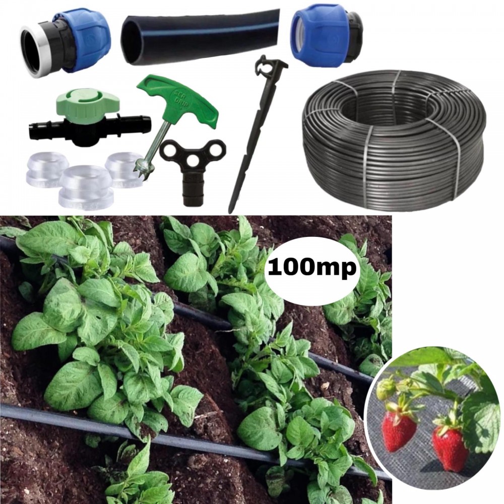Kit irigare tub picurare complet 100mp, cultura de capsuni, 25cm/100m