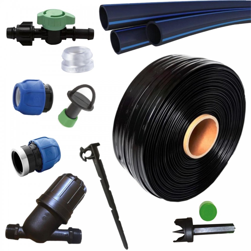Kit irigare banda picurare 10cm/100 cu 66 accesorii si teava PEHD 32mm
